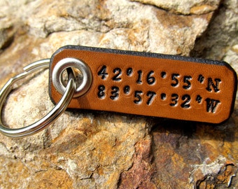 Latitude Longitude Leather Keychain Custom GPS Coordinates - Personalized - 3rd Anniversary Wedding Groomsmen Birthday Gift - Mens Womens