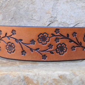 Sarah's Artistry, Hand Painted Tooled Leather Cuff Bracelet, Wide, Cherry Blossom Floral Vine, Gift for Women Girls, 3rd Anniversary, Snap image 4