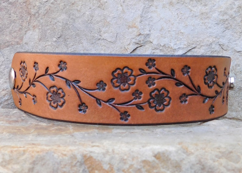 Sarah's Artistry, Hand Painted Tooled Leather Cuff Bracelet, Wide, Cherry Blossom Floral Vine, Gift for Women Girls, 3rd Anniversary, Snap image 4