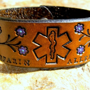 Medical Alert Bracelet - Hand Painted Tooled Leather Medic Alert Bracelet Cuff - Petite Floral Vine - Women Girl Teen