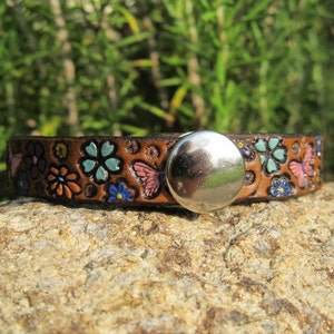 Leather Bracelet for Women, Womens leather cuff bracelet, Custom Leather Wristband, 3rd Anniversary Gift Colorful Petite Flowers Butterflies image 2