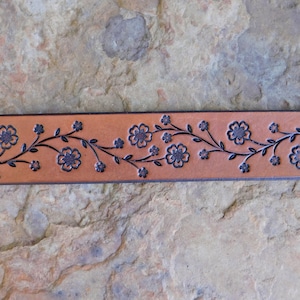 Sarah's Artistry, Hand Painted Tooled Leather Cuff Bracelet, Wide, Cherry Blossom Floral Vine, Gift for Women Girls, 3rd Anniversary, Snap image 5