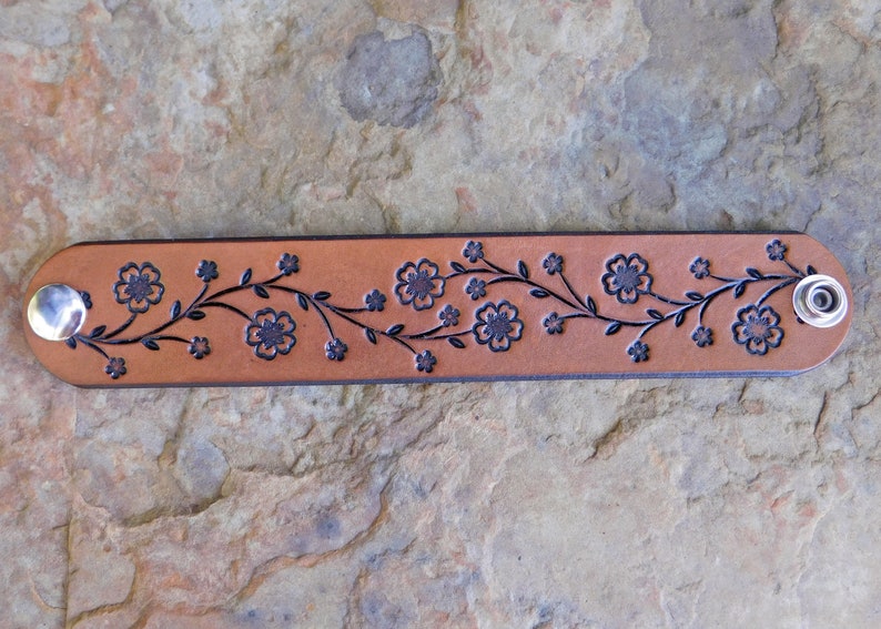 Sarah's Artistry, Hand Painted Tooled Leather Cuff Bracelet, Wide, Cherry Blossom Floral Vine, Gift for Women Girls, 3rd Anniversary, Snap image 5
