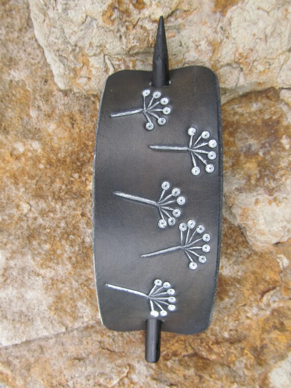 Hand Painted Tooled Leather Hair Barrette - Black and White  display picture 3