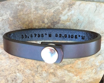 Mens Womens Leather Bracelet Latitude Longitude Bracelet, Personalized Bracelet, GPS Cuff, Men Leather Bracelet, Custom Coordinates Bracelet