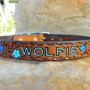 Personalized Leather Dog Collar, Custom Leather Dog Collar Handmade Personalized Gift Flower Scrolls Dog Collar Name Number Engraved Leather
