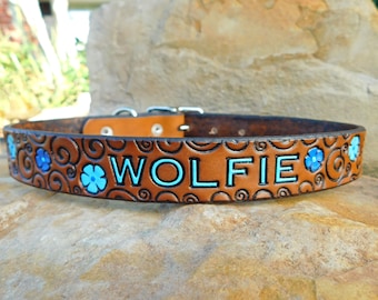Personalized Leather Dog Collar, Custom Leather Dog Collar Handmade Personalized Gift Flower Scrolls Dog Collar Name Number Engraved Leather