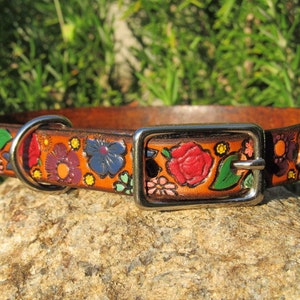 Hand Painted Tooled Leather Collar - Small Toy Dog or Cat - 5/8 inch wide - Petite Floral Garden - Female Girl