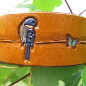 Leather Bracelet for Women, Butterfly Bird on a Branch, Womens leather Cuff, Leather Wristband Bracelet Women, Gift for Her, 3rd Anniversary