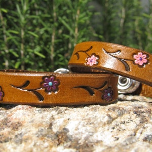 Leather Bracelet for Women, Thin Stemmed Flower Womens leather bracelet Cuff Leather Wristband Bracelet Women, Gift for Her, 3rd Anniversary
