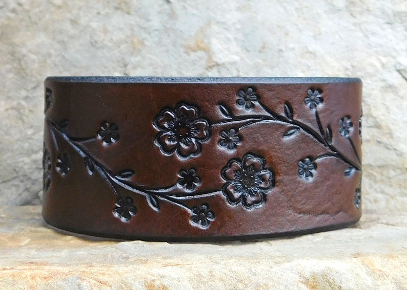 Sarah's Artistry, Hand Painted Tooled Leather Cuff Bracelet, Wide, Cherry Blossom Floral Vine, Gift for Women Girls, 3rd Anniversary, Snap image 1