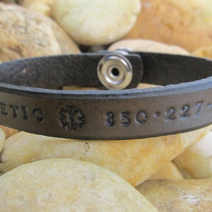 Thin Tooled Leather Bracelet - Medical Alert Cuff - Custom Personalized - Men Women Boy Girl - Dark Brown - Phone Number and/or Name