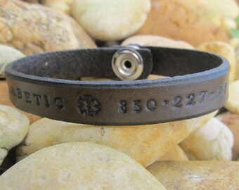 Thin Tooled Leather Bracelet - Medical Alert Cuff - Custom Personalized - Men Women Boy Girl - Dark Brown - Phone Number and/or Name