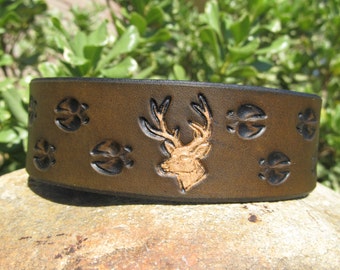 Hunting Leather Bracelet Cuff, Hunters Wide Leather Bracelet, Whitetail Deer, Buck