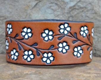 Womens Leather Bracelet Sarah's Artistry, Hand Painted Tooled Leather Cuff Bracelet, Womens Wide White Floral Vine, Women and Girls, Snap