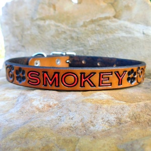 May include: A brown leather dog collar with black stitching and a red engraved name "SMOKEY" with paw prints on either side.
