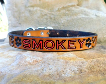 Dog Paw Small Dog or Pet Collar, Leather Dog Collar, Thin 1/2 Inch Wide Collar, Scroll Daisy Cat Collar, Small Pet Collar