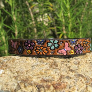 Leather Bracelet for Women, Womens leather cuff bracelet, Custom Leather Wristband, 3rd Anniversary Gift Colorful Petite Flowers Butterflies image 5