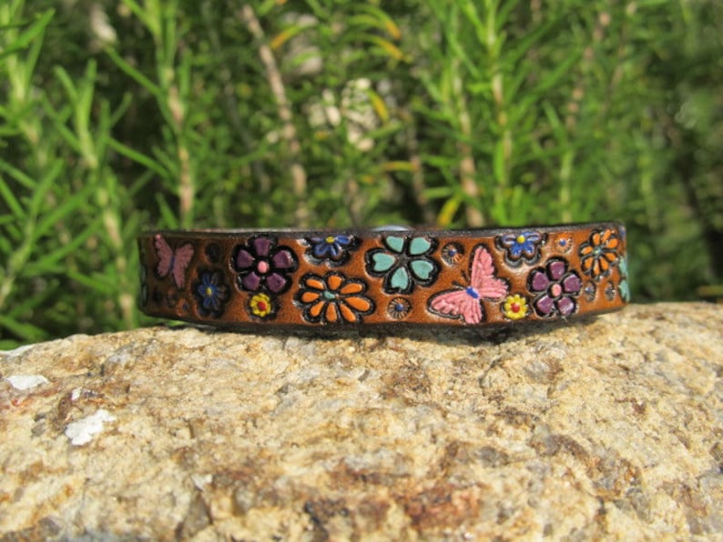 Leather Bracelet for Women, Womens leather cuff bracelet, Custom Leather Wristband, 3rd Anniversary Gift Colorful Petite Flowers Butterflies image 5