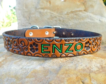 Personalized Dog Paw Leather Dog Collar, Custom Leather Dog Collar, Handmade Personalized Gift, Personalized Collar, Free Name Number