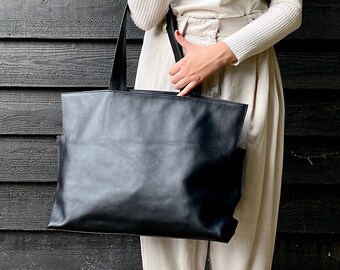 Black Leather Extra Large Half-Meter Carry-All Tote Bag