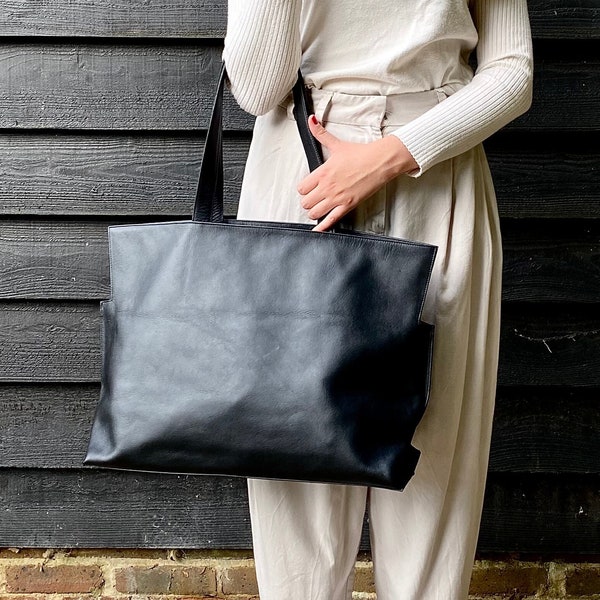 Black Leather Extra Large Half-Meter Carry-All Tote Bag