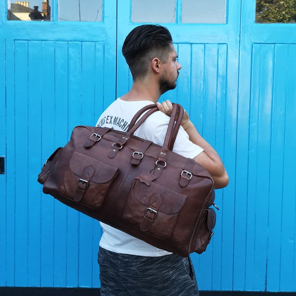 The Vagabond Duffel: vintage style brown leather holdall duffle gym weekend bag luggage unisex mens optional extra personalised embossed tag