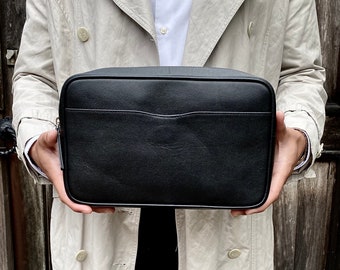 Black Leather Top Zip Wash Bag