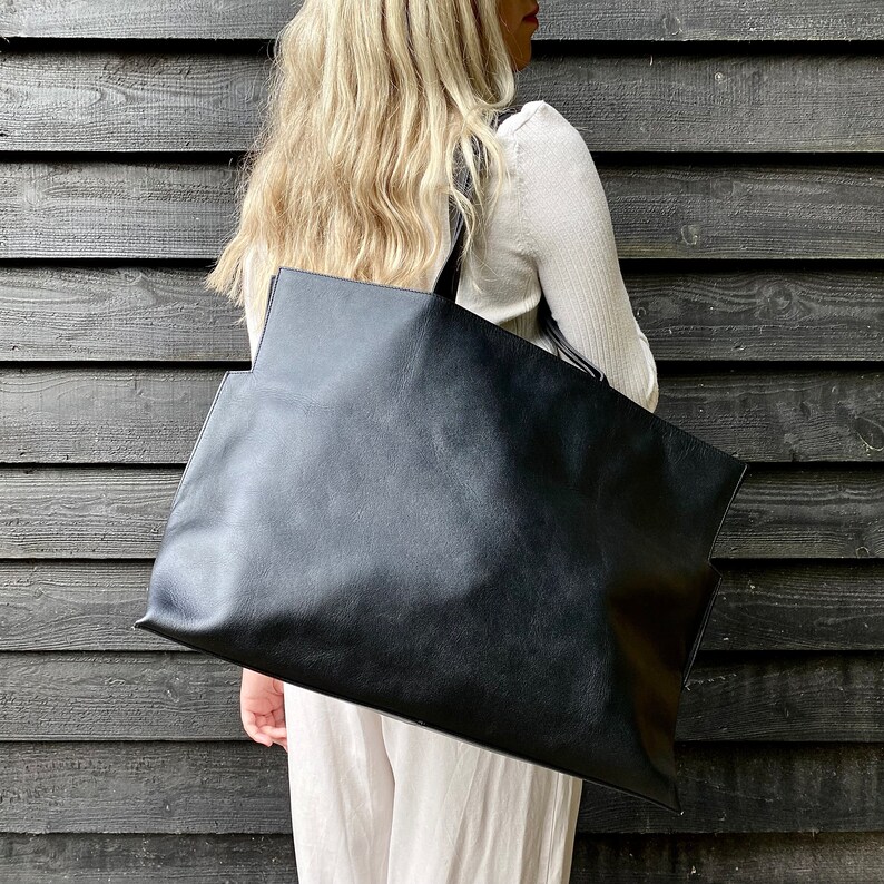 Black Leather Extra Large Half-Meter Carry-All Tote Bag image 4