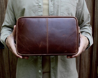 Cognac Leather Zip Top Wash Bag