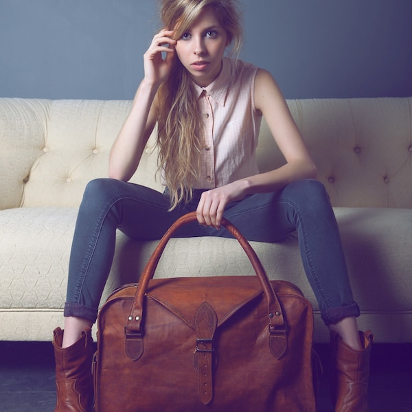 The Vagabond 30: Vintage style brown leather holdall duffel weekend bag extra large carry on flight luggage unisex womens