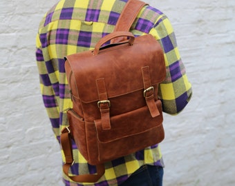 Vintage Child "Kingsley" Leather 13" or 15" Laptop Backpack with Grab Handle in Tan 0007