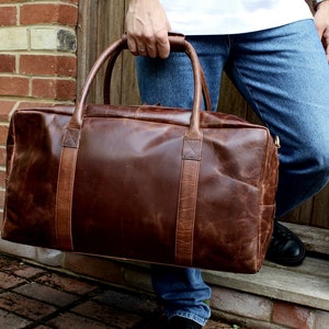 Large Cognac Leather Weekend Holdall image 1