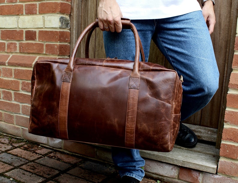 Large Cognac Leather Weekend Holdall image 1