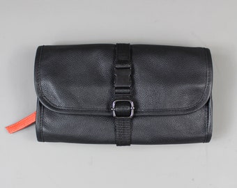 Seconds sale! Black Leather Roll Hanging Wash Bag with Orange Zip