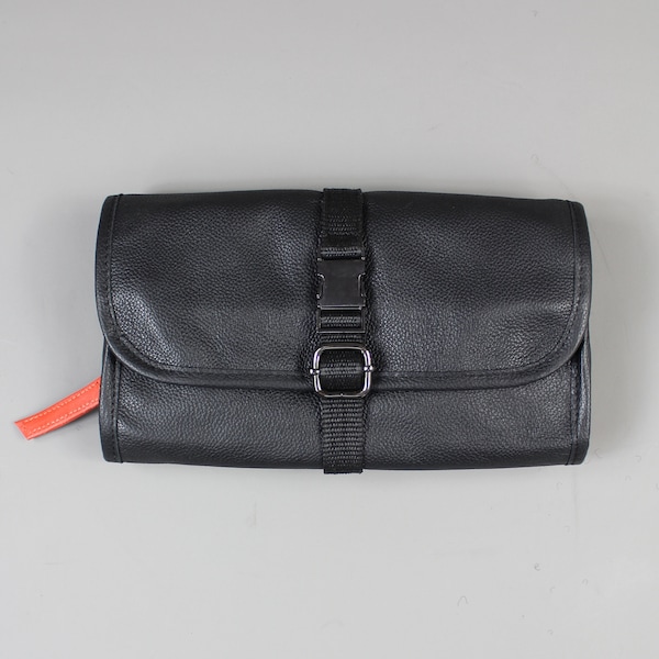 Seconds sale! Black Leather Roll Hanging Wash Bag with Orange Zip