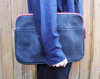 Black Leather Laptop Case With Orange Zip