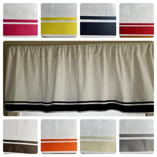 White Valances with Trimming. Hot Pink. Yellow. Navy. Red. Brown. Orange. Cream. Gray Trimmed White Valances.