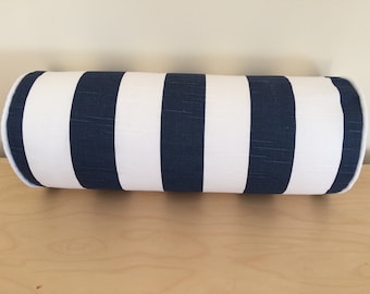 Navy and White Stripes Bolster Pillow Cover, Nautical Cotton