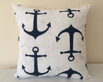 Nautical Outdoor Pillow Cover, 18''x18'' Navy Anchor Outdoor/Indoor Pillow Cover, Beach Decor Pillow Cover