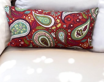 Red Paisley Lumbar Pillow Cover - Robert Allen Cotton, 12”x 24”