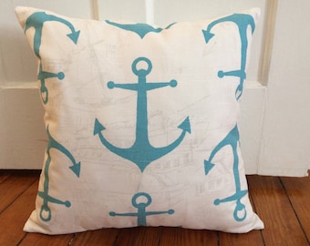 Aqua Blue Anchor Pillow Cover, Beach Decor Pillow Cover, 18''x 18''  Nautical Pillow Cover