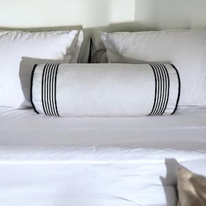 White Bolster Pillow Cover with Decorative Trim - Modern Sofa Cushion, Lumbar Pillow for Bedroom or Living Room
