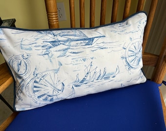 Nautical Lumbar Pillow Cover, 12''x20'' Blue Sailing Pillow Cover, Beach Decor Pillow Cover