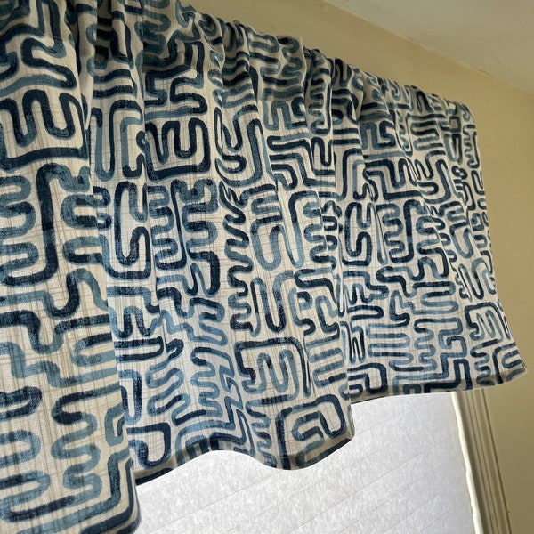 Indigo Valance, Indigo Blue Window Valance, Shades of Blue Geometric Valance