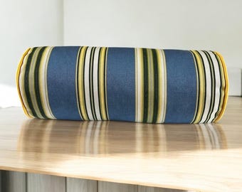 Blue Yellow Green Striped Bolster Pillow Cover - Modern Cotton Twill Lumbar Cushion Cover