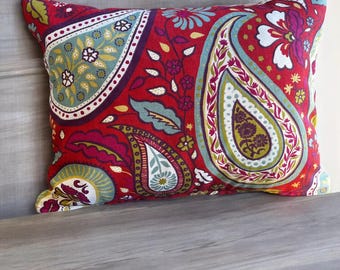 Red Paisley Lumbar Pillow Cover – Floral Cotton Accent, 12”x 16”