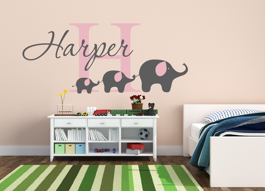 Childrens Name Elephant Wall Decal Elephant Name Decal Nursery Etsy