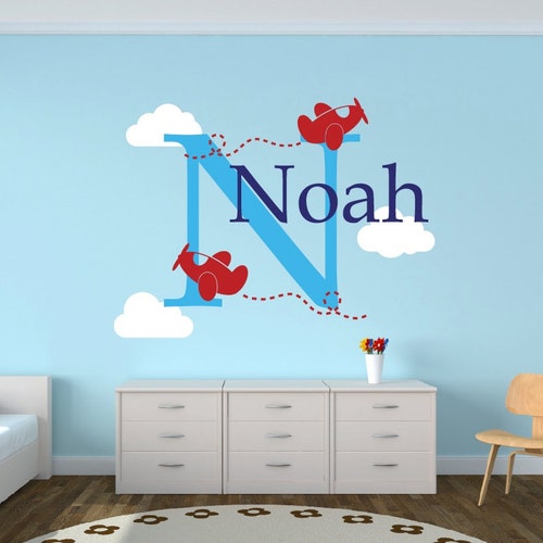 Airplane Name Wall Decal Boy Personalized Boy Nursery Wall Etsy
