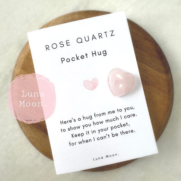 Pocket Hug | Rose Quartz Crystal Heart | Pick Me Up Gift | Thinking Of You | Miss You Gift | Wellbeing gift | With information gift card